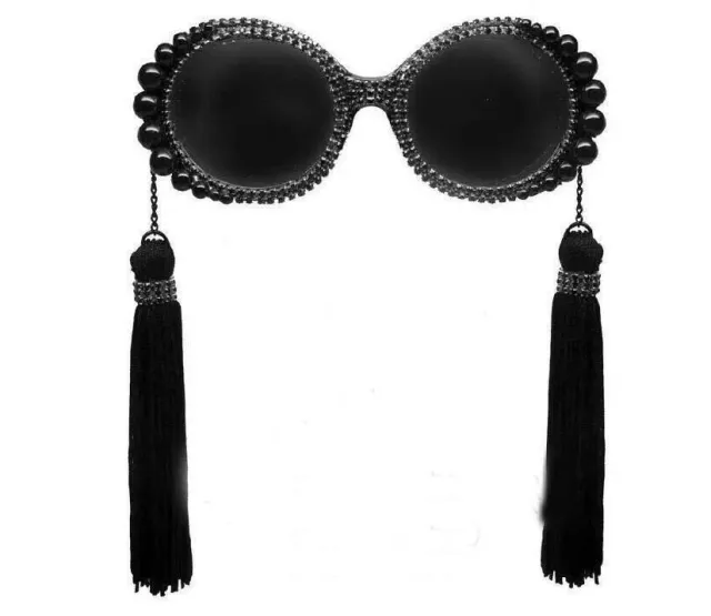 Fringed Pearl Rhinestone Retro Round Sunglasses Black - Shop at LoveMi