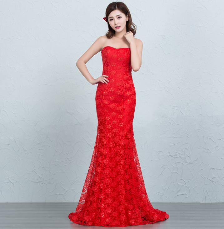 Sequined lace waist fishtail wedding dress Red - Shop at LoveMi