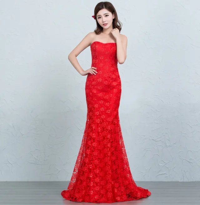 Sequined lace waist fishtail wedding dress Red - Shop at LoveMi