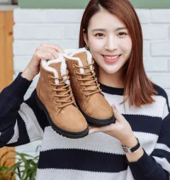 Winter New Women Snow Boots Flat With Large Size Casual Cotton Shoes Trend Women Vulcanized Shoes Artificial Plush - Khaki - View 1