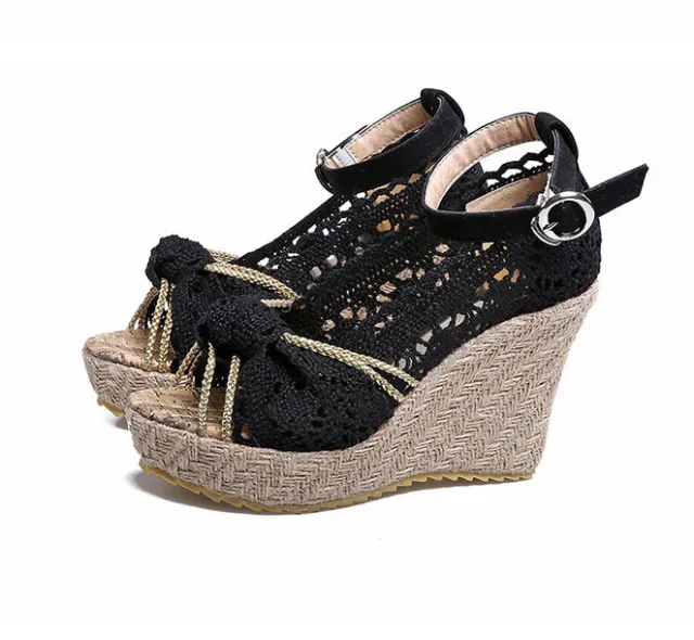 Lace wedge sandals Black - Shop at LoveMi