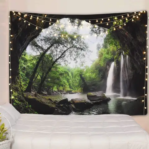 Beautiful Cave Waterfall Print Wall Hippie Tapestry Polyester Fabric