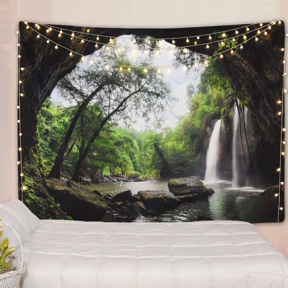 Beautiful Cave Waterfall Print Wall Hippie Tapestry Polyester Fabric