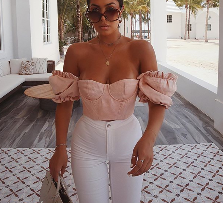 One-shoulder chest tube puff sleeves umbilical slim t-shirt