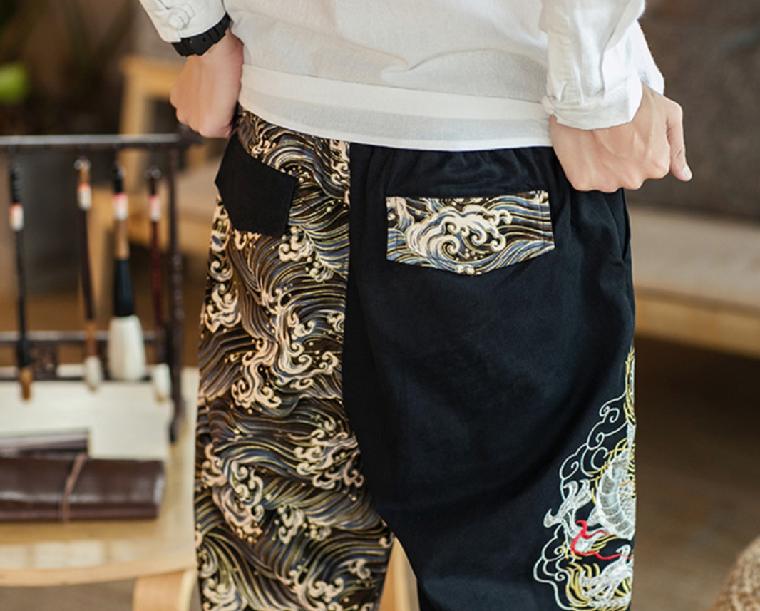 Embroidered Silver Dragon Casual Versatile Trousers
