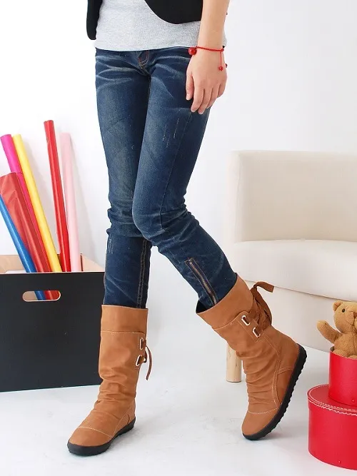 Belt buckle tube boots Yellow - Shop at LoveMi