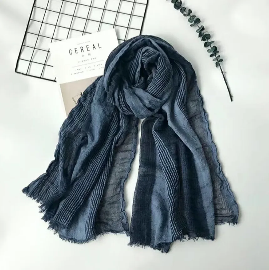Cotton and linen striped pleated scarf - Navy