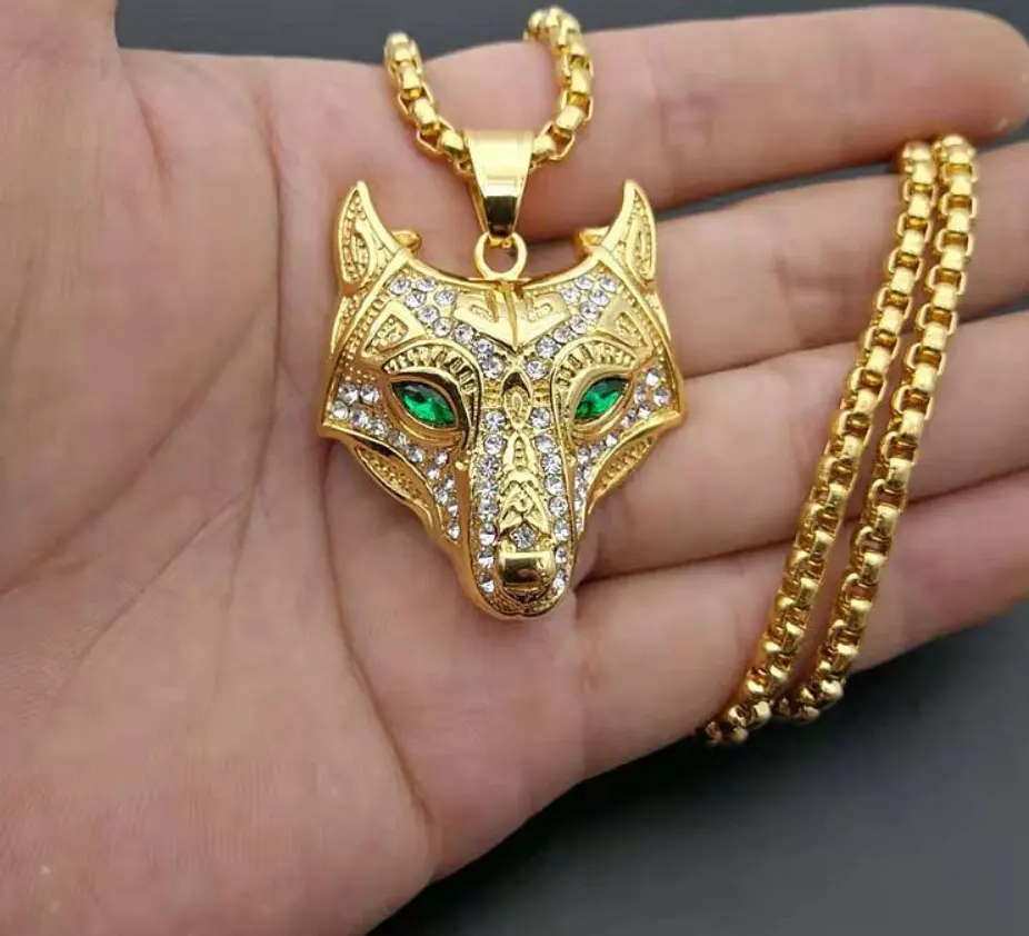 Men Stainless Steel Necklace Gold Color Viking Wolf Head