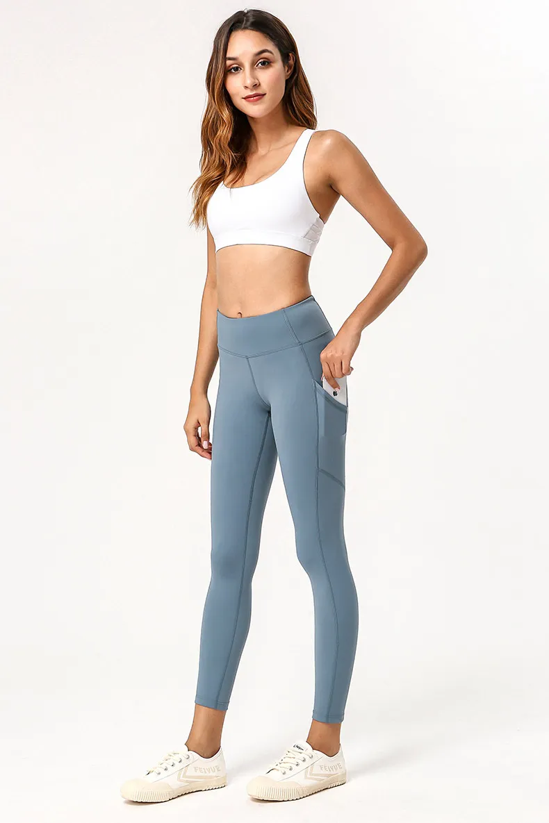 Solid color nude yoga pants - Blue