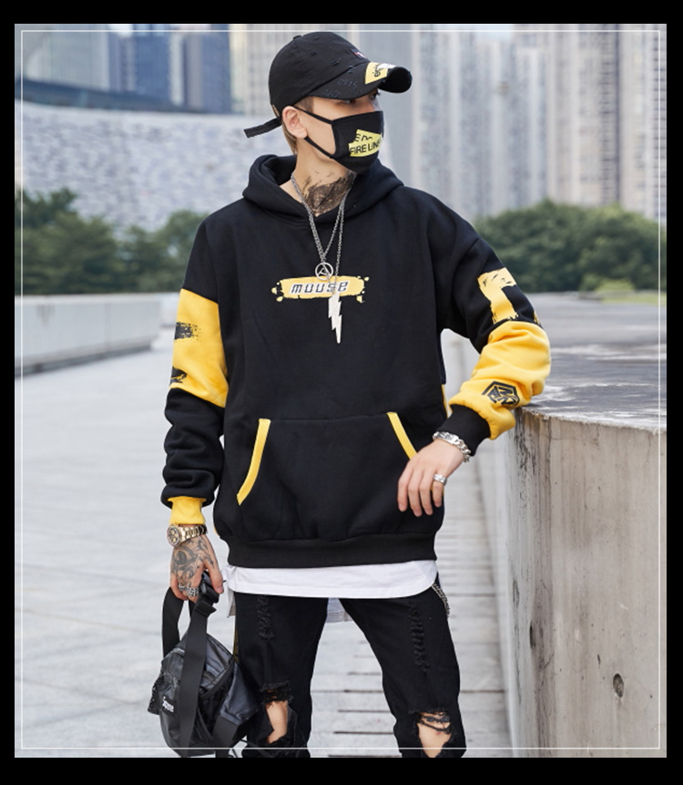 Hooded and velvet printed men's long sleeves contrast coat