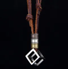 Fashion new metal double ring cowhide necklace - View 1