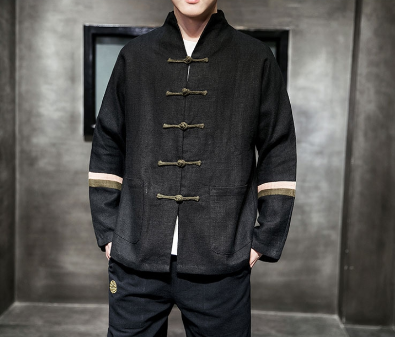 Contrast color buckle cotton and linen jacket