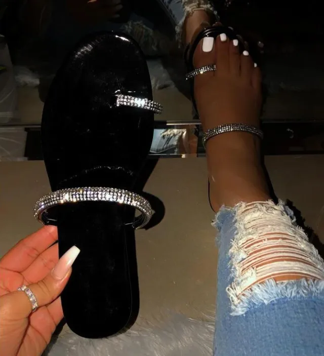 Diamond flat sandals slippers Black - Shop at LoveMi