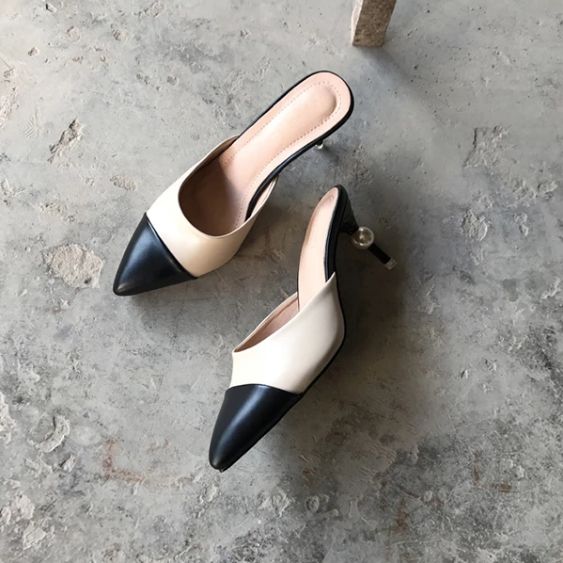 Apricot Baotou high-heeled slippers