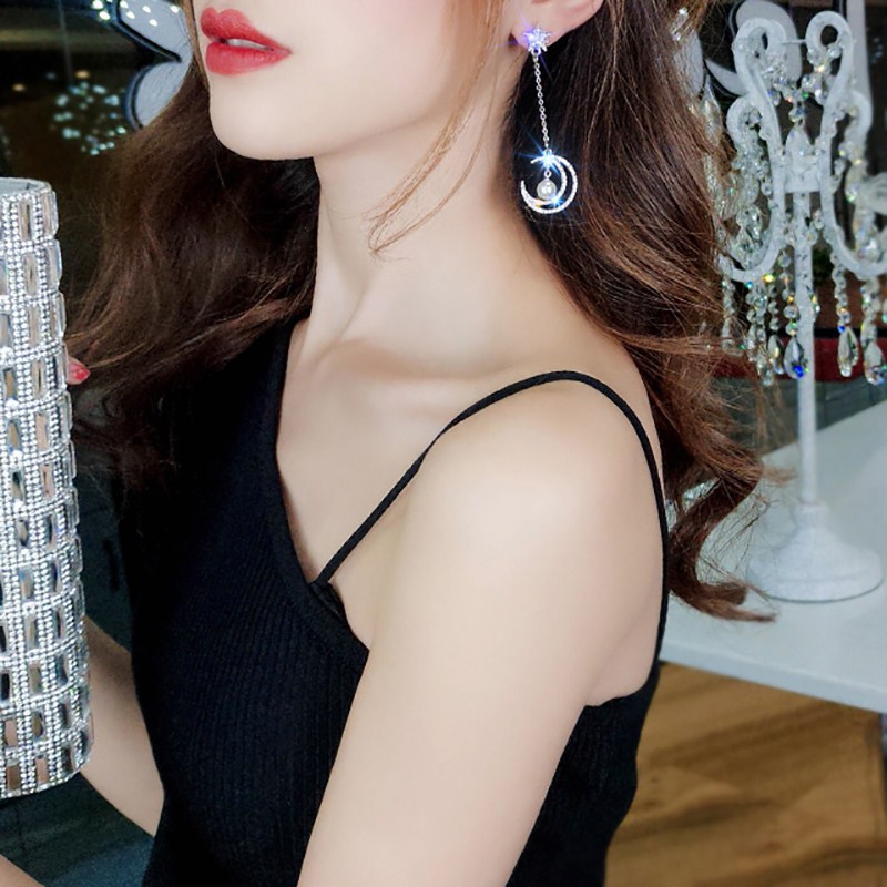 Asymmetrical Star Moon Long Stud Earrings