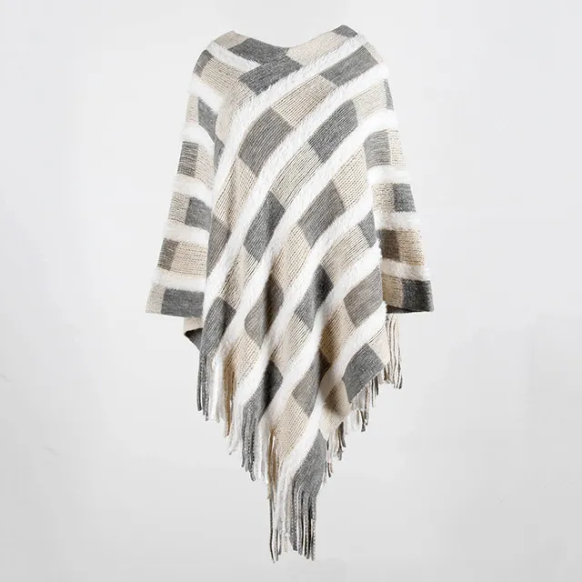 V neck striped fringed shawl Apricot - Shop at LoveMi