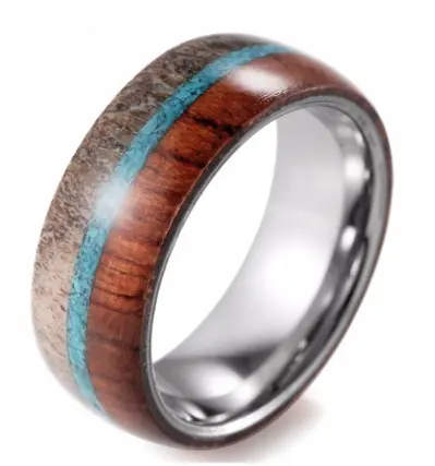 Tungsten ring with wood inlays and wild