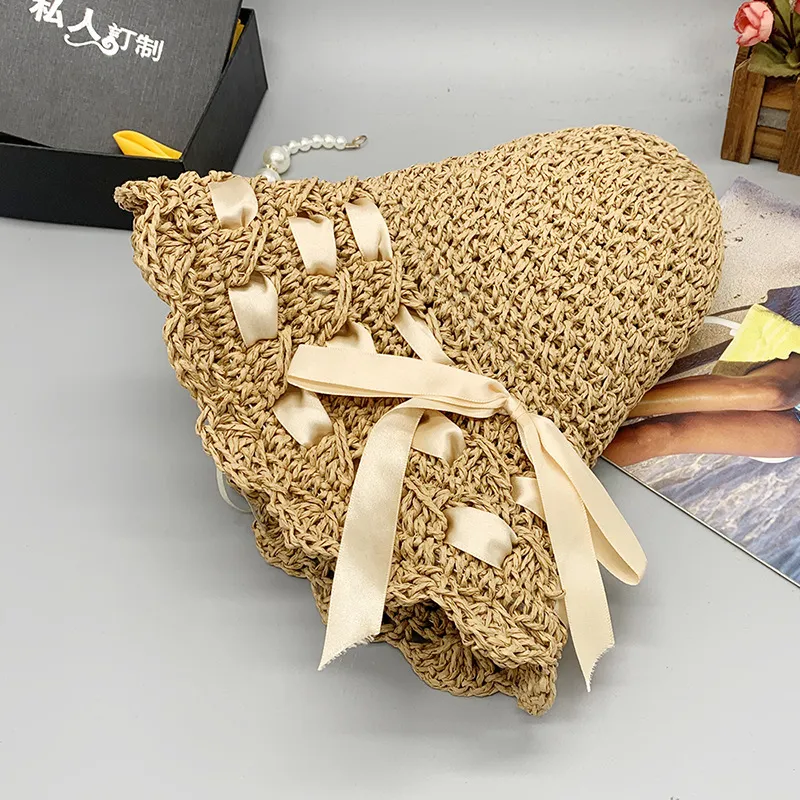 New Flat Big Brim Female Shade Dome Beach Hand Crochet Straw Hat - Khaki