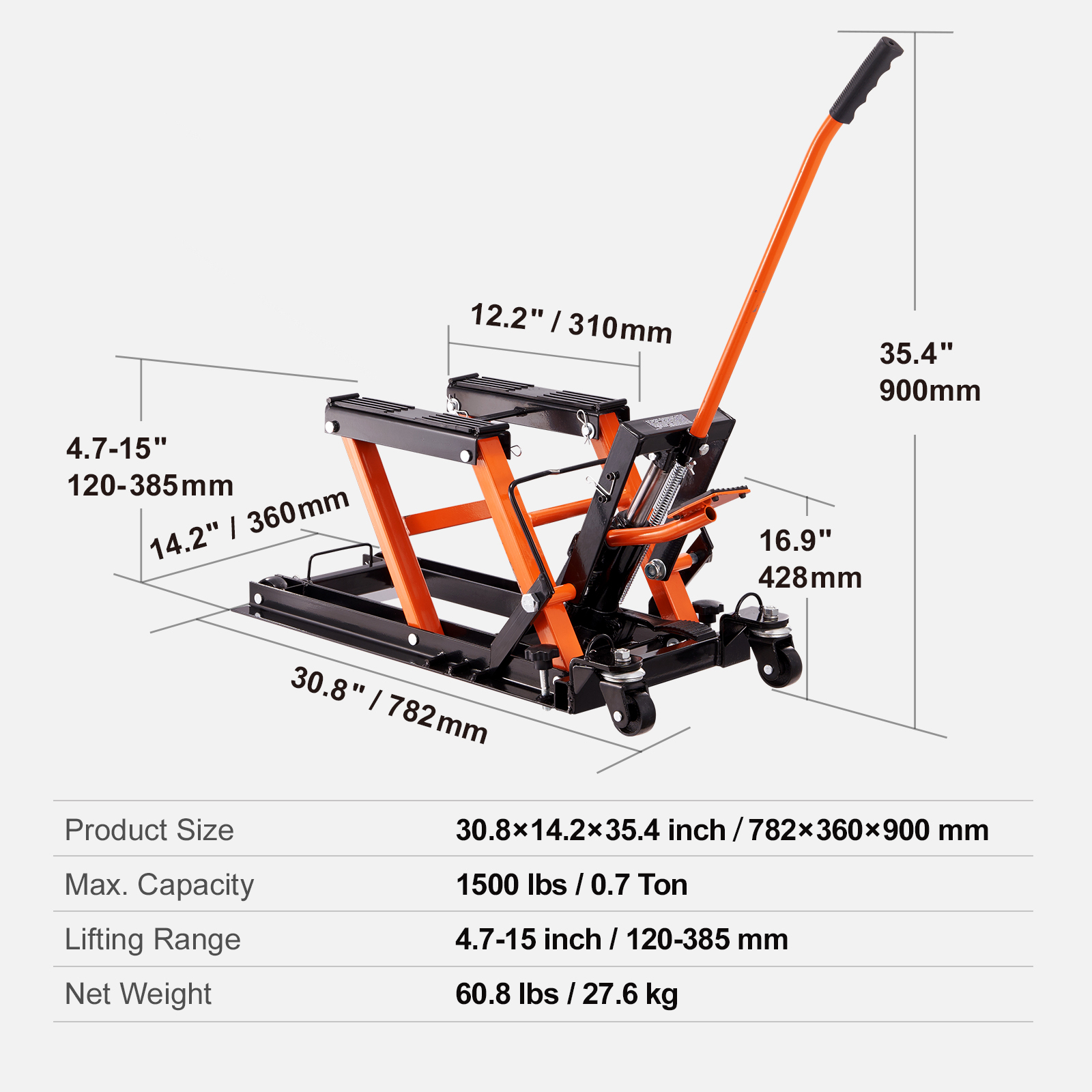 VEVOR Steel Hydraulic Motorcycle Jack Stand, 1500 LBS ATV Scissor Lift Jack, Scissor Lift Jack Stand With 4 Wheels, Hydraulic Foot-Operated Hoist Stand For Motorcycle ATV UTV Powersports image 3