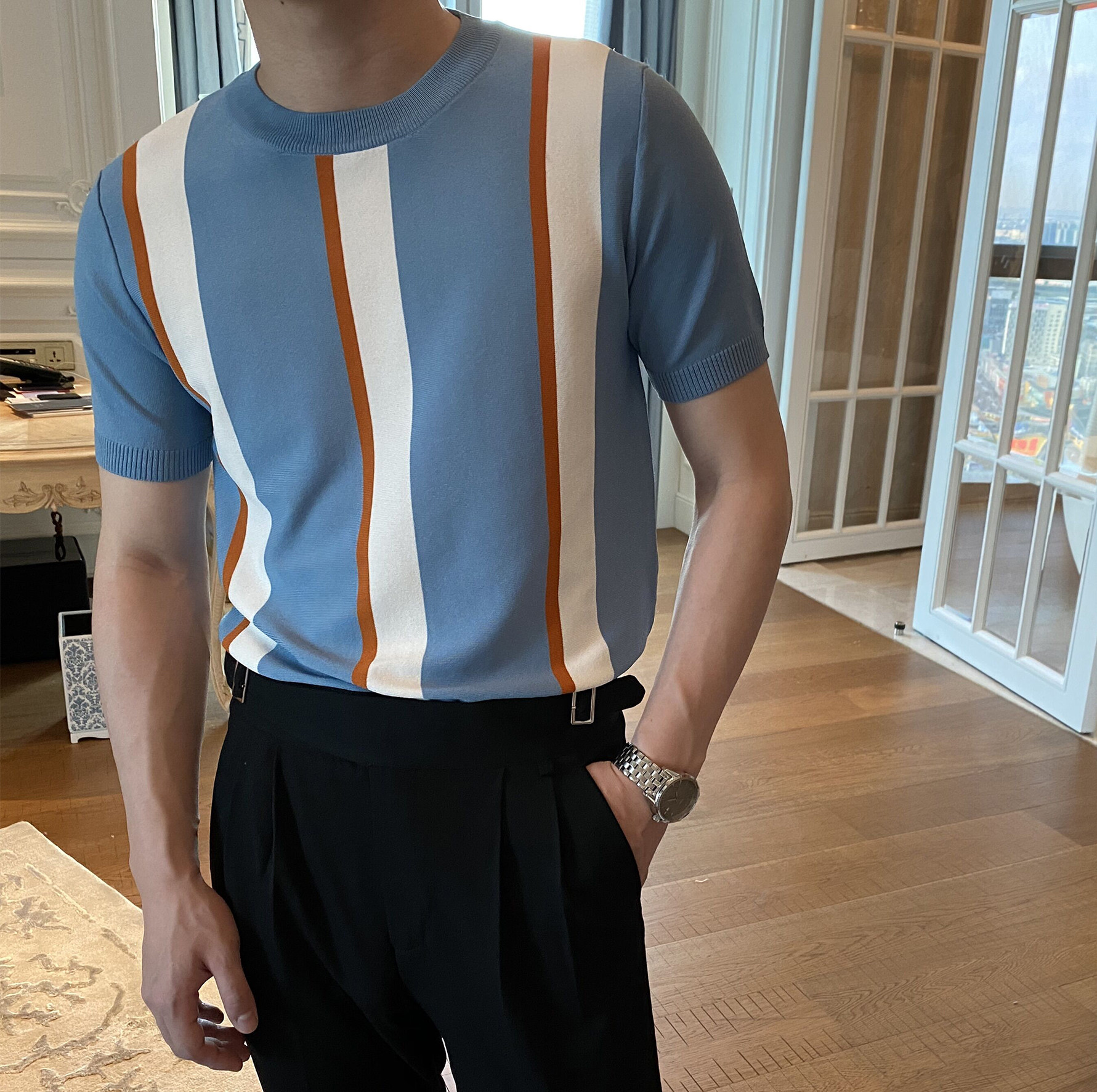 Korean Version Of The New Simple Vertical Stripes Knitted T-shirt Bottoming Shirt
