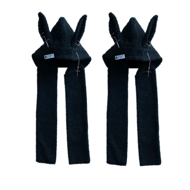 Punk Rabbit Ear Hat Chain Cross Long Lamb Wool Scarf Hard Girl Black - Shop at LoveMi