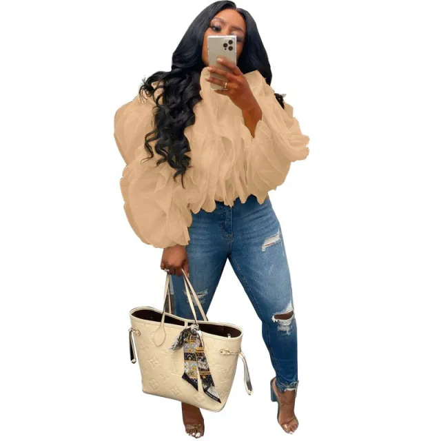 Women's Layered Puffy Petals Chiffon Long Sleeve Khaki - Shop at LoveMi