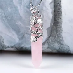 Tribal Totem Dragon Shape Natural Stone Pendant Necklace - Pink Crystal - View 1