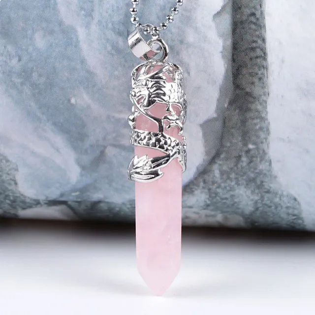 Tribal Totem Dragon Shape Natural Stone Pendant Necklace Pink Crystal - Shop at LoveMi
