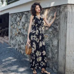 Retro big swing dress with thin backless - Black - View 1