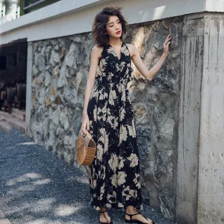 Retro big swing dress with thin backless - Black