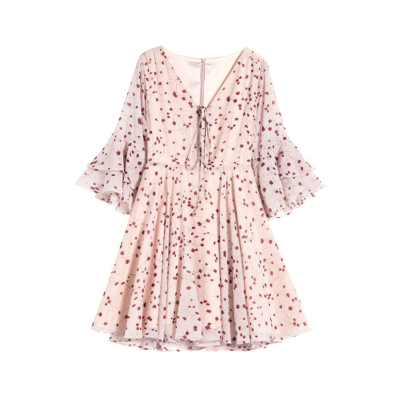 Floral V-neck ruffle sleeve A-line dress