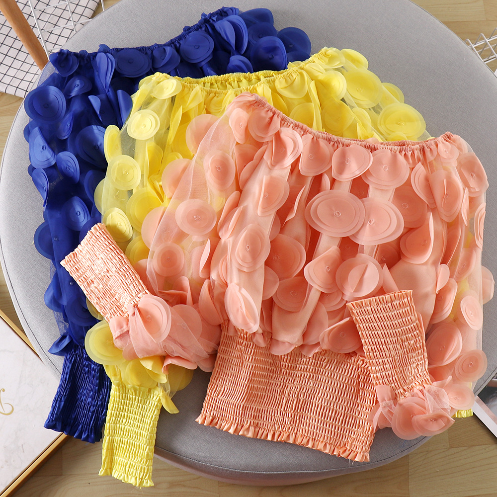 Puff sleeve see-through mesh chiffon shirt