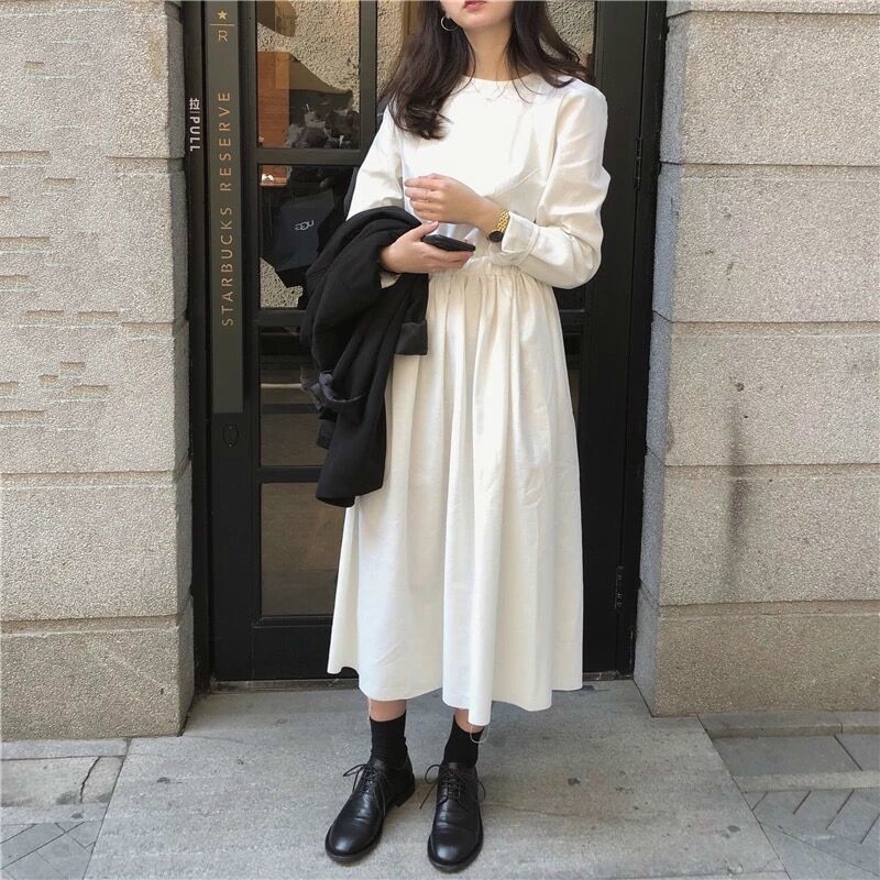 Long sleeve high waist big skirt dress cotton and linen
