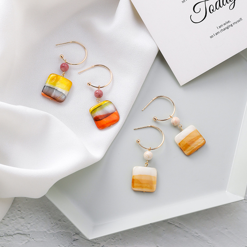 Geometric square colored striped square earrings