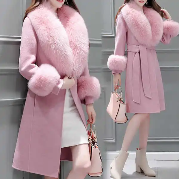Women's long lace up fur collar coat Pink - Shop at LoveMi