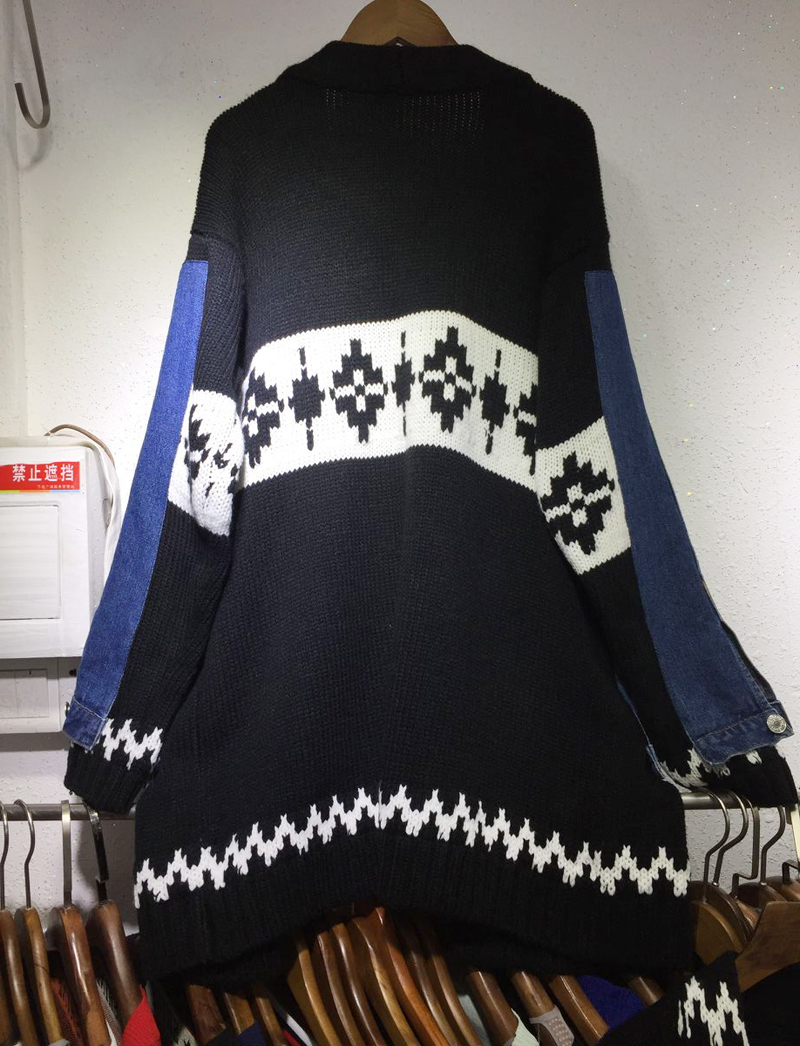 Knit Cardigan Loose Denim Panel Sweater Coat