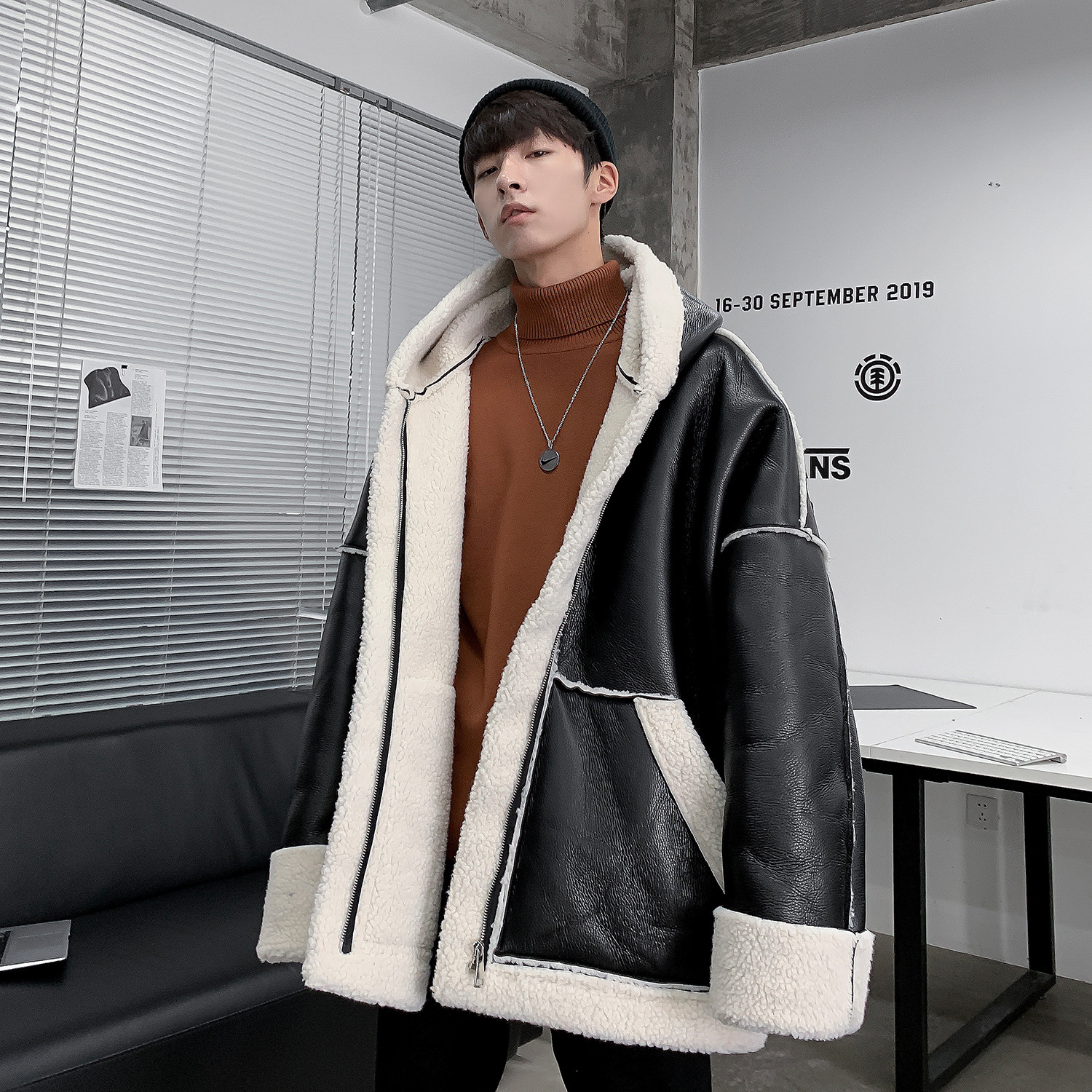 Hooded zipper fashion lambskin coat