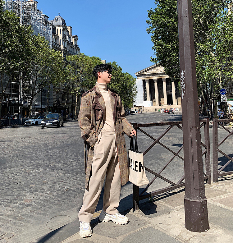 Striped wool and contrast woolen coat