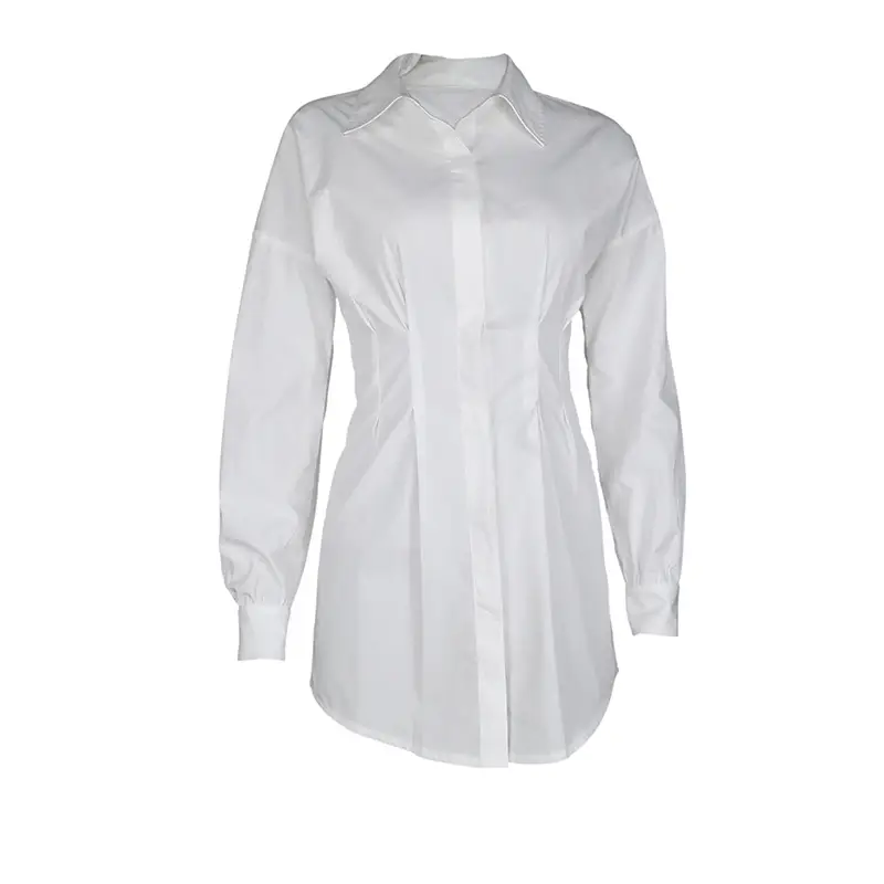 Pleated waist cotton long-sleeved shirt