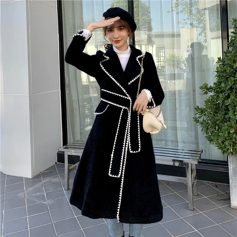 Wave edge suit collar long wool coat Korean slim tie coat - Black