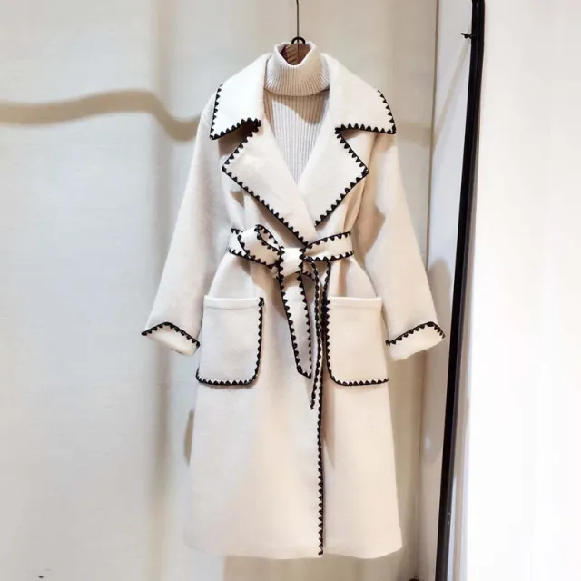 Wave edge suit collar long wool coat Korean slim tie coat White - Shop at LoveMi