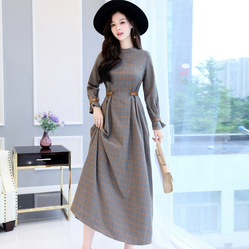 Retro Long Sleeve Plaid Dress