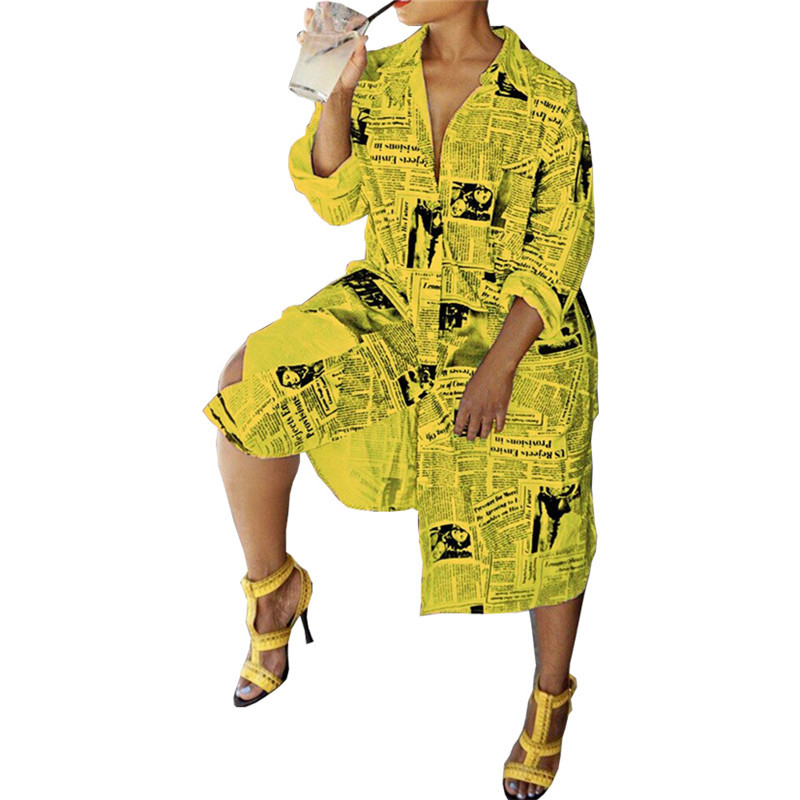 Split single row button newspaper printed shirt collar dress