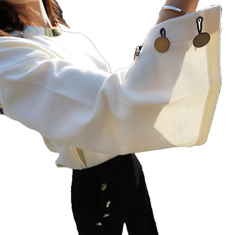 Crewneck Horn Sleeve Decorative Button T-shirt Female