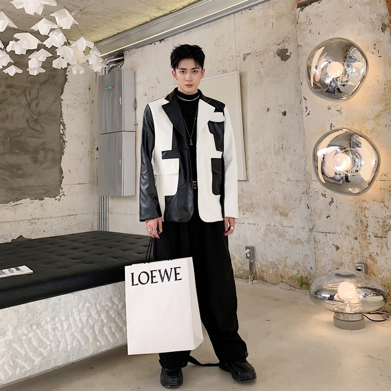 Contrast stitching pu leather coat