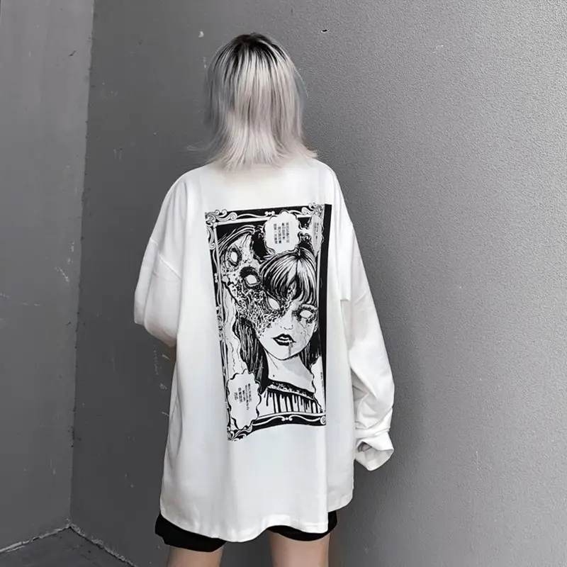 White T-shirt women's early autumn ins net red dark evil women printed loose long sleeve bottoming coat tide