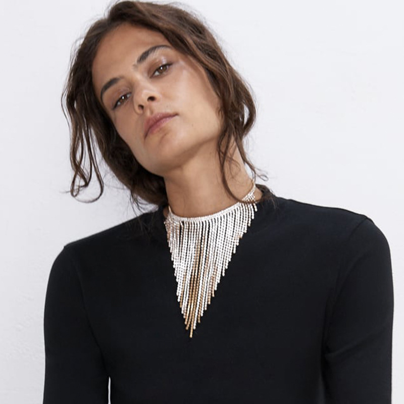 Rhinestone Tassel Metal Necklace