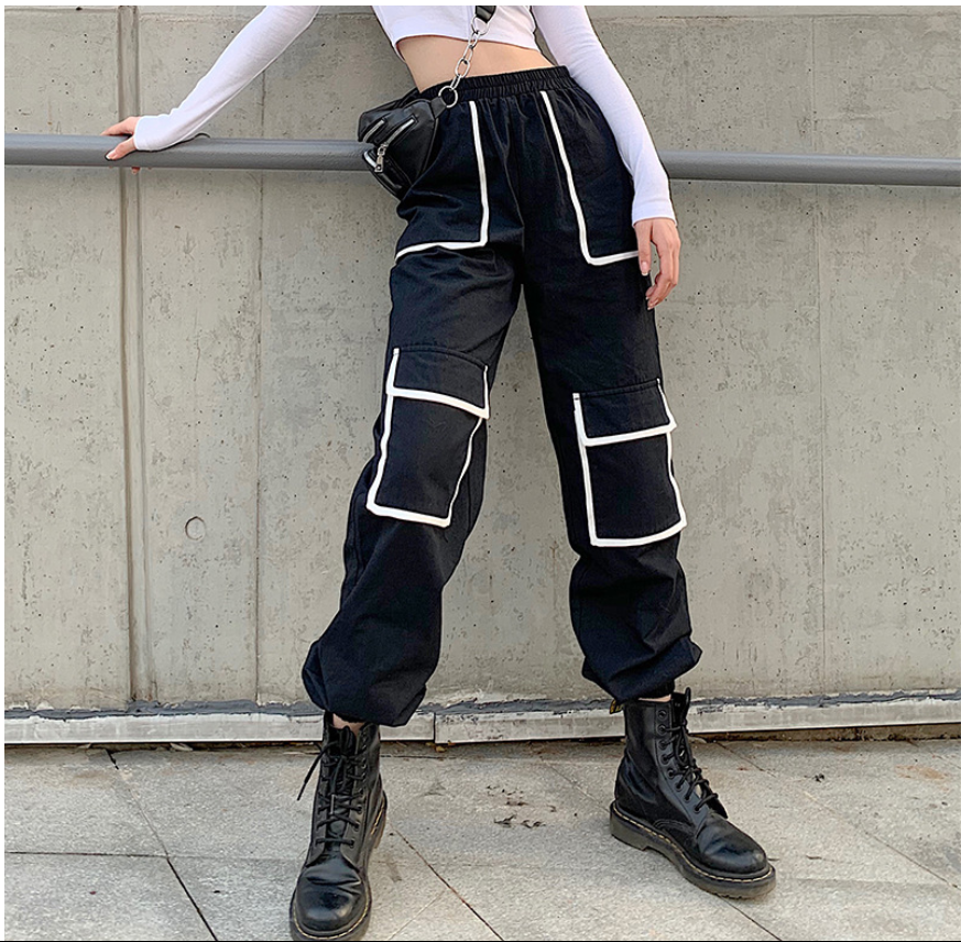 White Stripe Cargo Pants Women Trousers Pockets Patchwork Contrast Color High Waist Pants Hip Hop Capris
