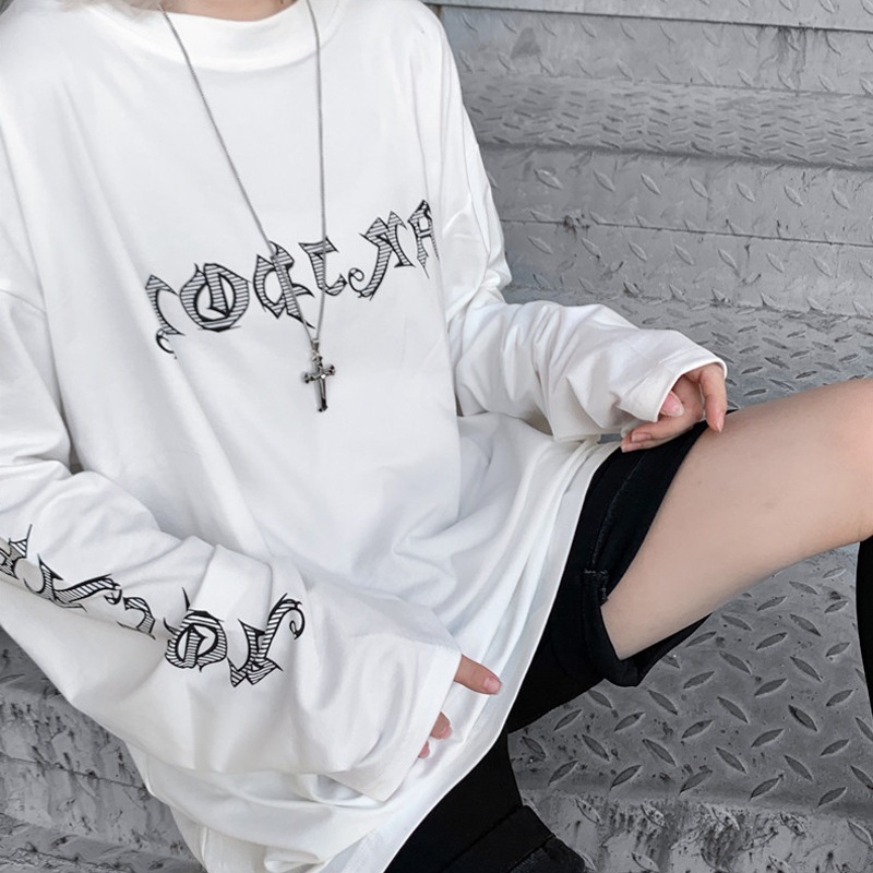 White T-shirt women's early autumn ins net red dark evil women printed loose long sleeve bottoming coat tide