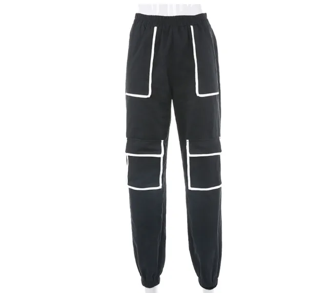 White Stripe Cargo Pants Women Trousers Pockets Patchwork Contrast Color High Waist Pants Hip Hop Capris Black - Shop at LoveMi